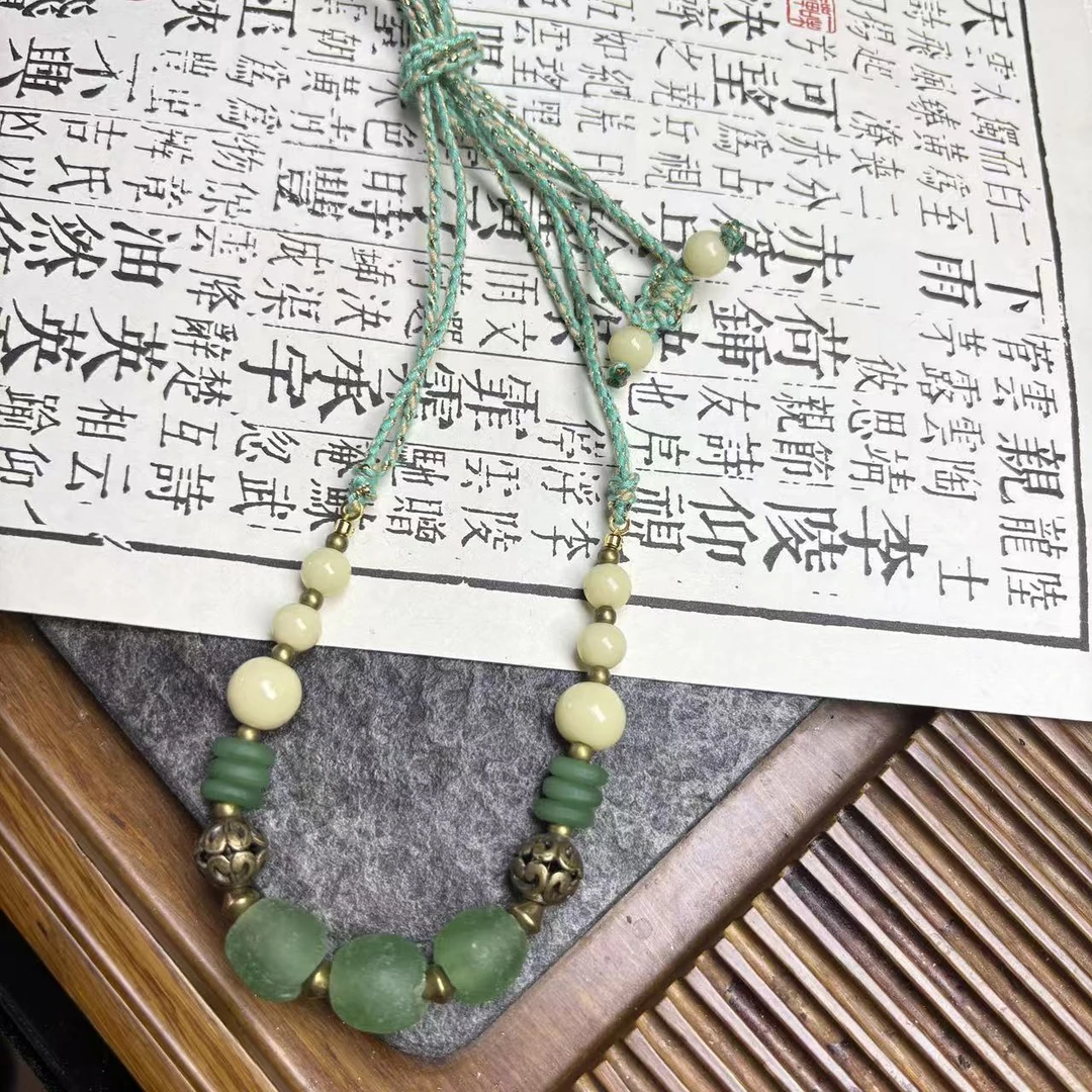 合金项链 LZ7373 绿色碎碎冰绿色磨砂切片算盘绳编琉璃项链