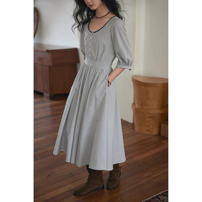 Nice people2025SS法式复古格子U领撞色收腰连衣裙法式A摆中袖