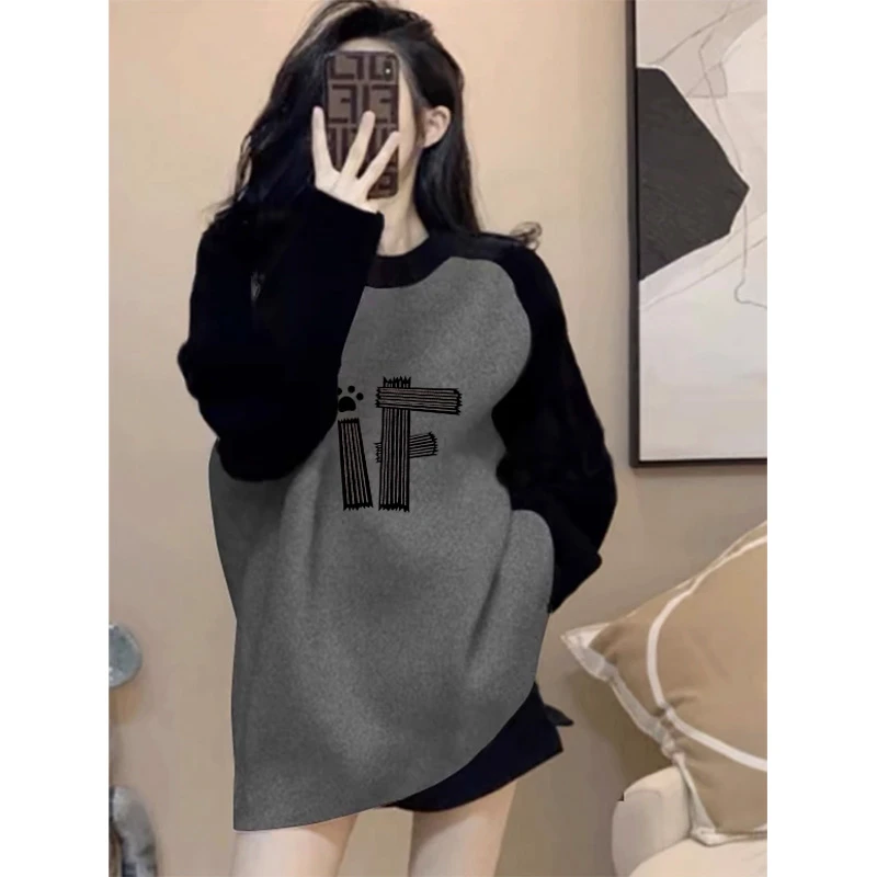 插肩加厚德绒磨毛长袖t恤女中长款搭配鲨鱼裤宽松上衣遮屁股打底