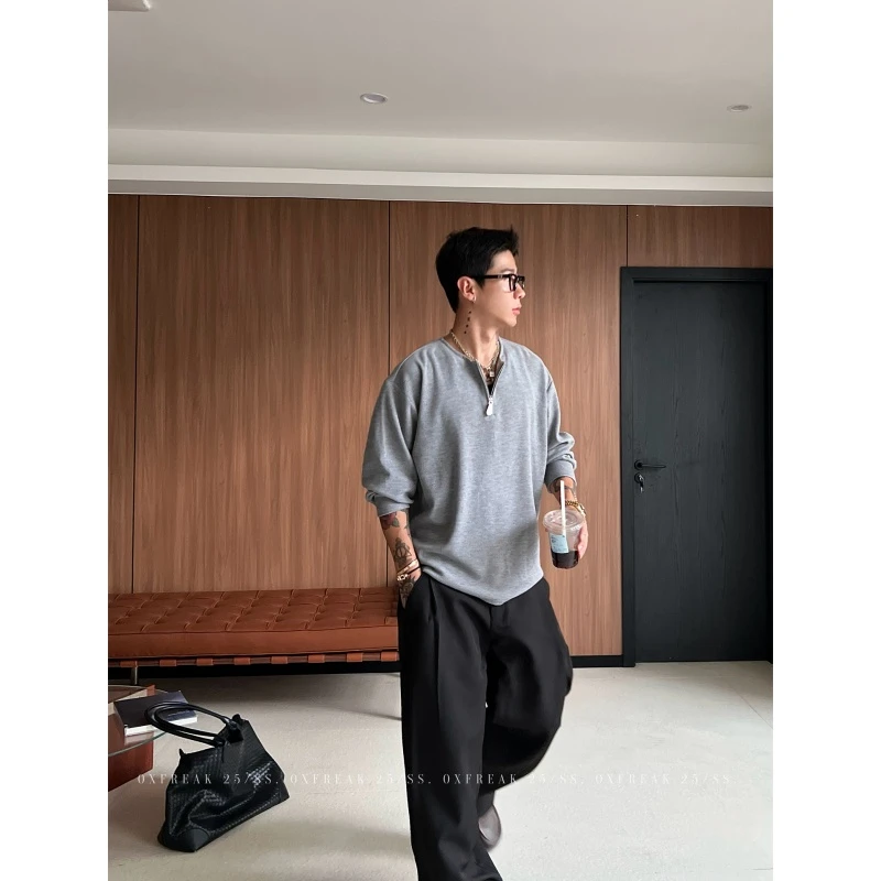 2025款加大码300斤半拉链长袖衬衫初秋男女老钱风慵懒休闲打底衫