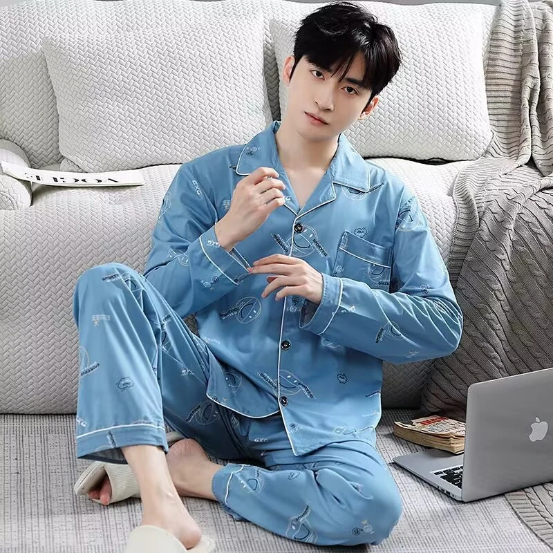 春秋男士男式%睡衣长袖加大码家居服套装可外穿青少新款宽松