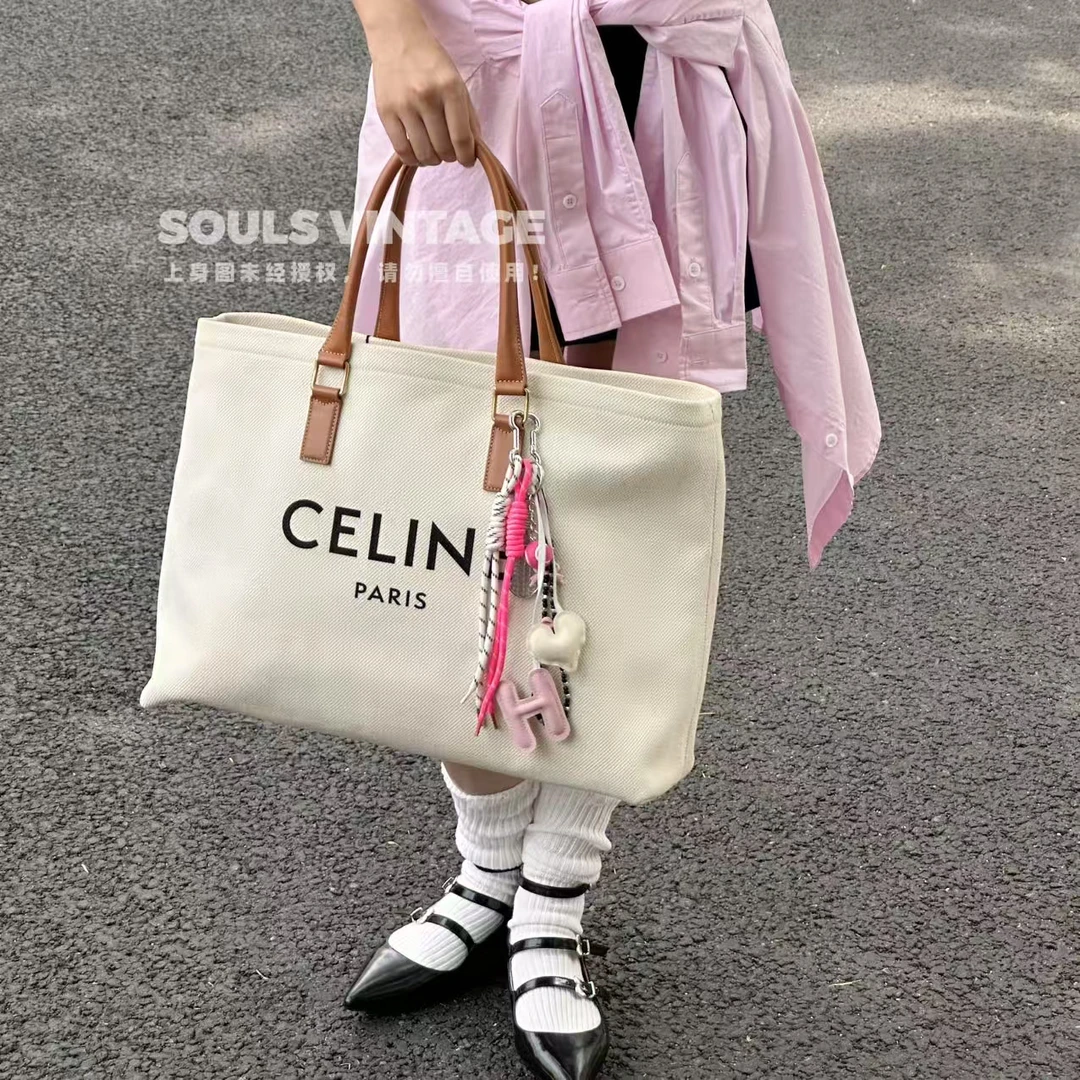 95新 Celine/思琳 焦糖色金扣帆布拼皮 沙滩托特包大号/616113913