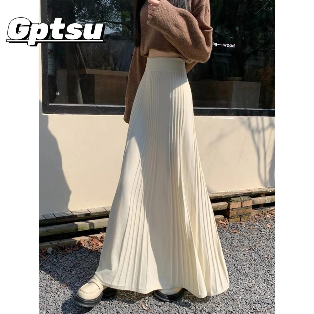 GPTSu2025秋冬季加厚打褶针织女裙弹性高腰修身褶皱A字长裙大摆裙