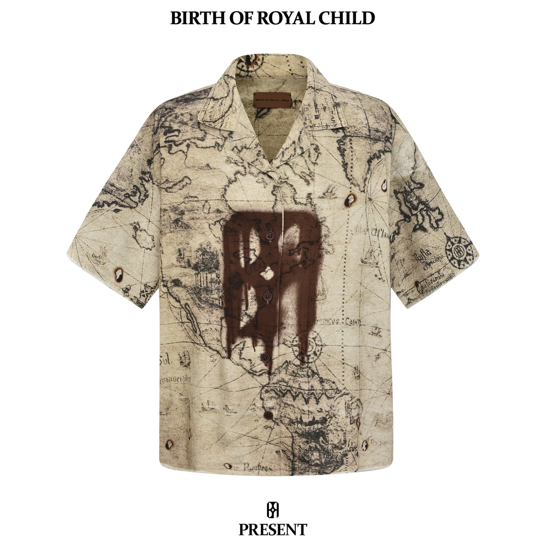BIRTH OF ROYAL CHILDBORC 航海图衬衫古巴领复古印花