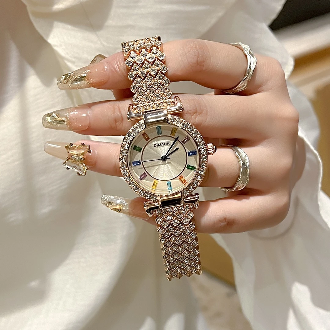 潮牌新款复古彩钻手表女直播爆款镶钻ins轻奢手表时尚防水腕表