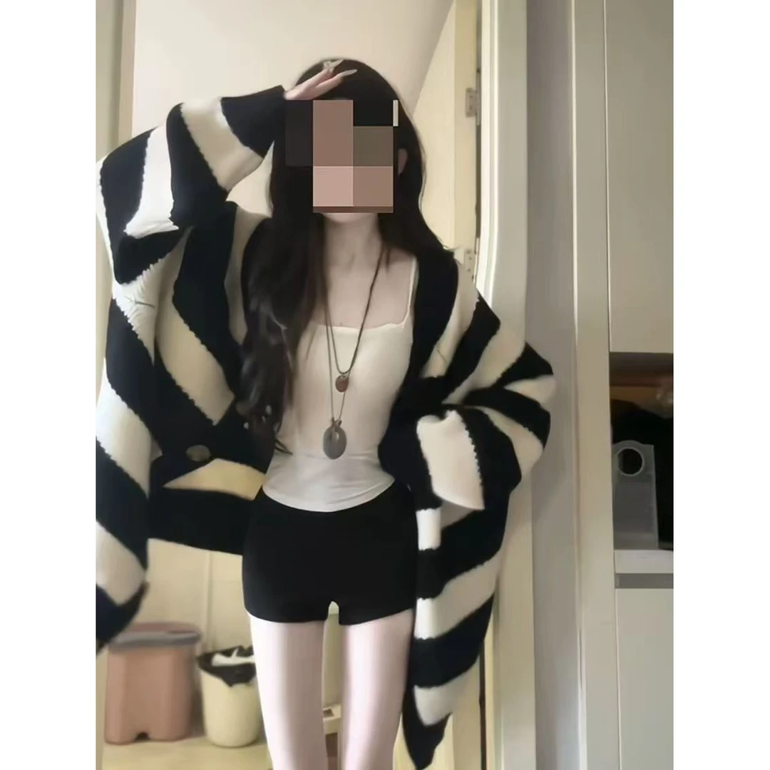 韩系早秋季穿搭宽松慵懒风针织衫开衫毛衣女休闲百搭条纹外套上衣