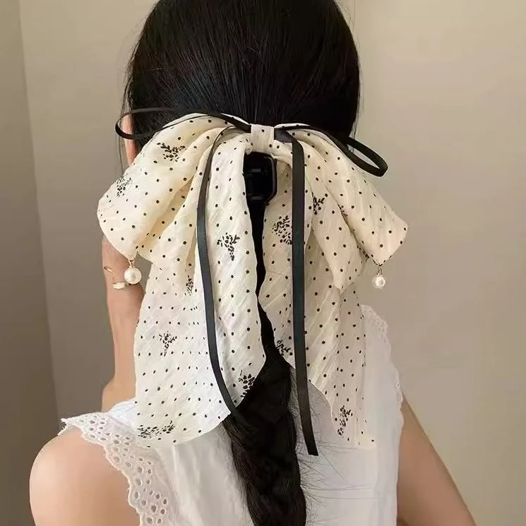 法式波点复古撞色飘带蝴蝶结马尾夹优雅珍珠吊坠后脑勺鲨鱼夹发夹