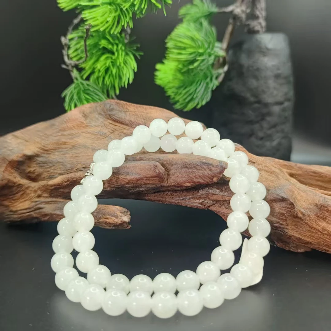 Z和田玉冰羊脂圆珠项链（卡8）0993