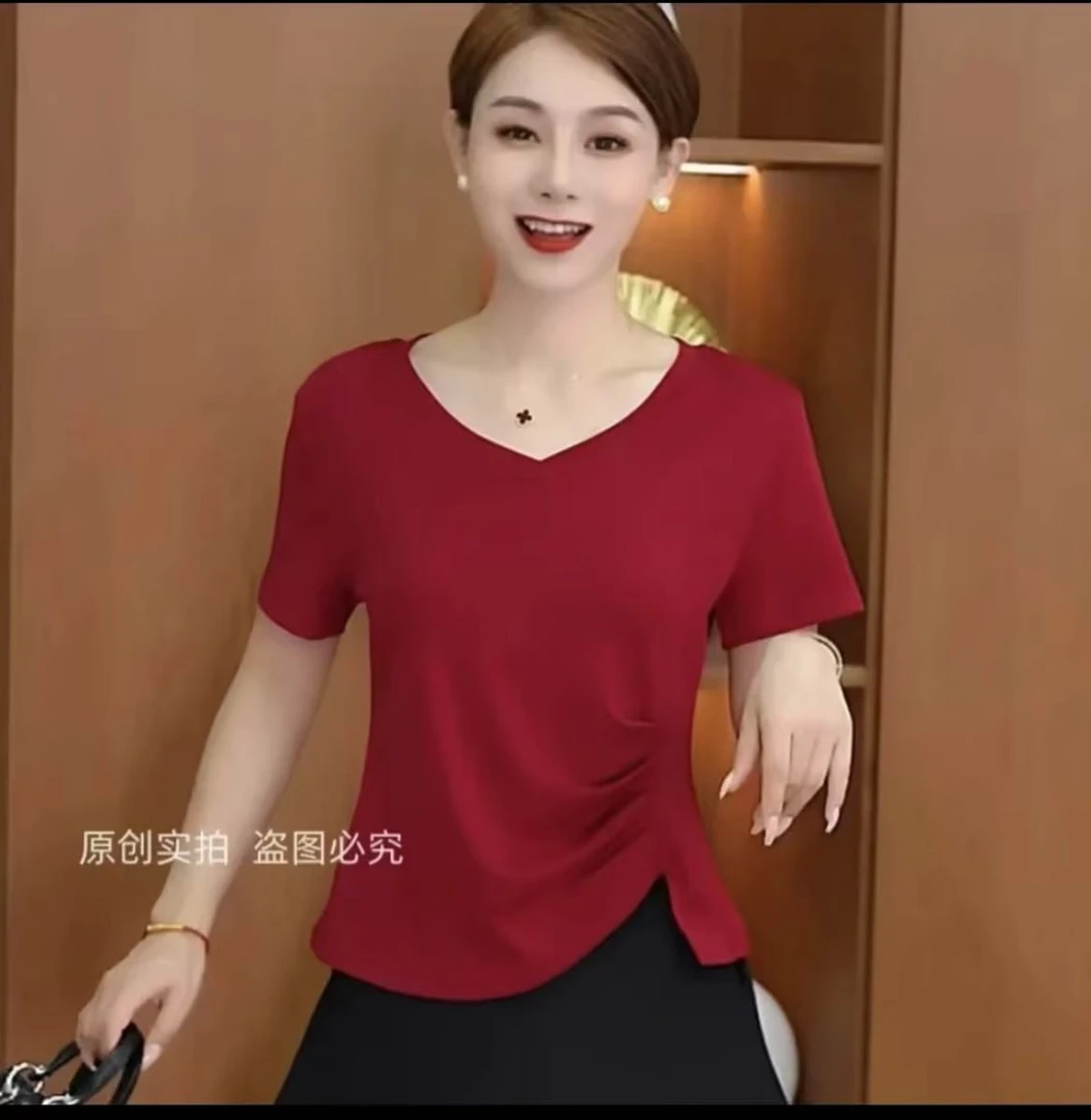 2025新款爆款女短袖T恤显瘦气质修身时尚夏季不规则上衣遮肚子