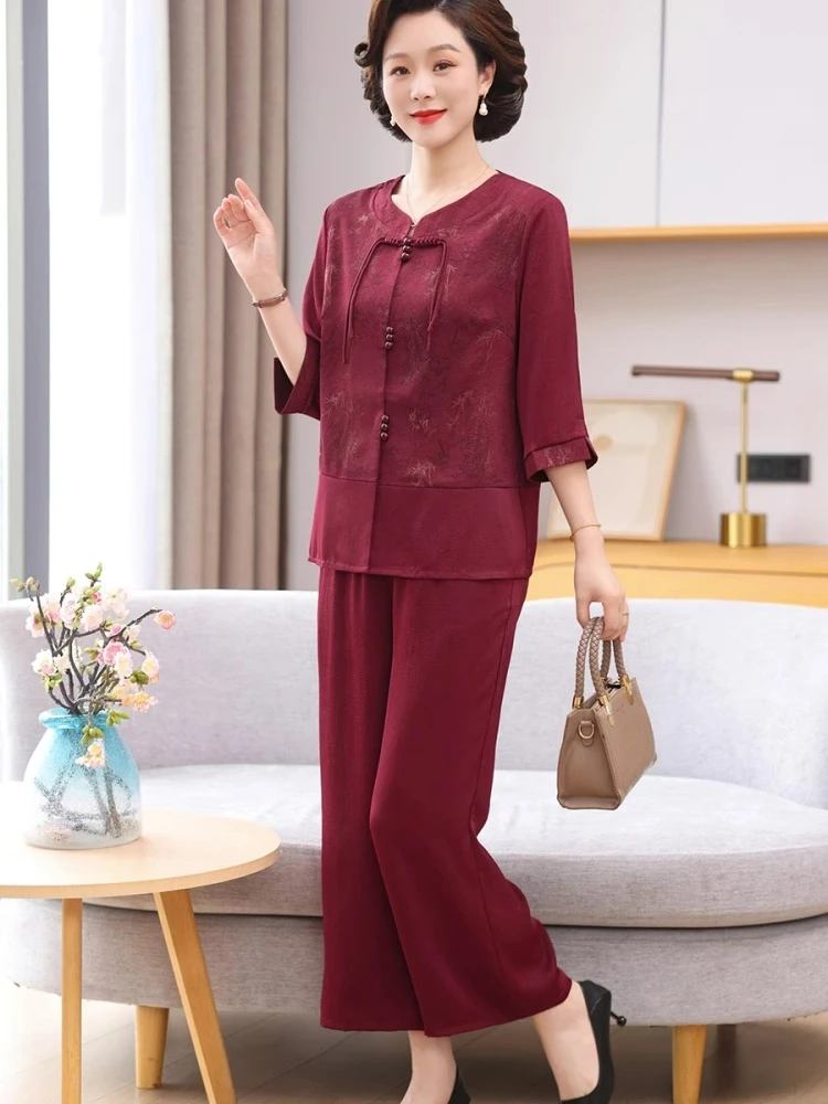 洋气妈妈夏装2025新款七分袖衬衫中老年女气质本命年红色两件套装