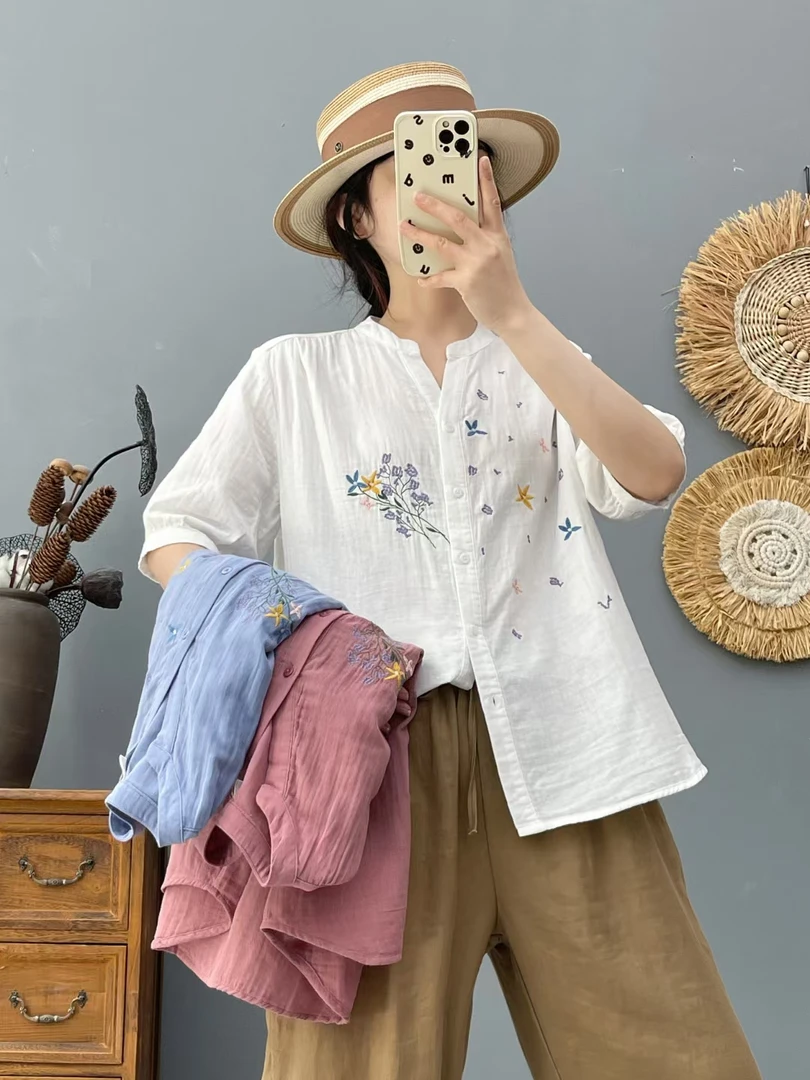 夏季短袖纯棉衬衫女V领刺绣新款文艺复古宽松中袖双层棉纱衬衫女