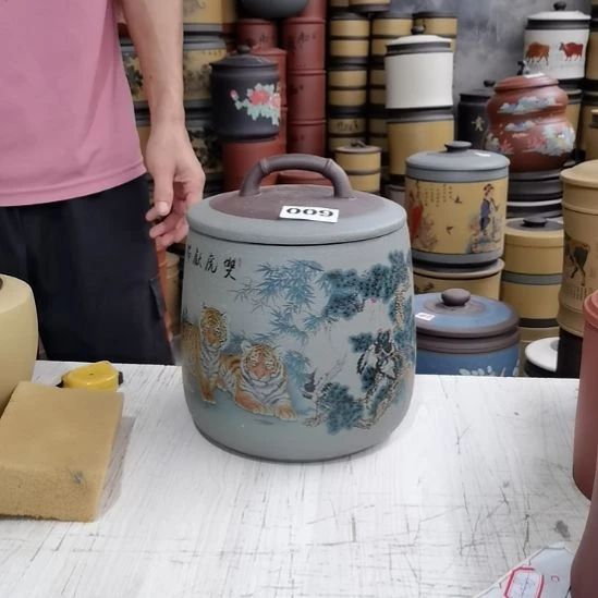 紫砂茶叶罐正品石瓢双虎献瑞009