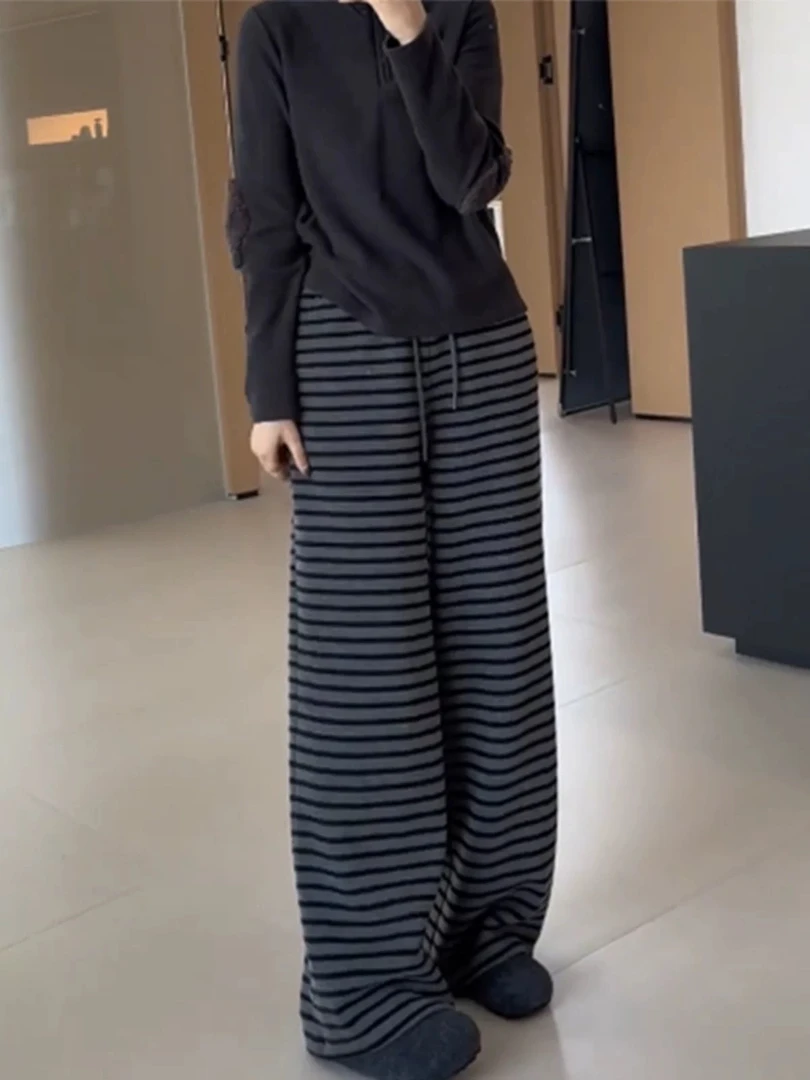 大码条纹高腰阔腿裤140斤-180斤（682520）