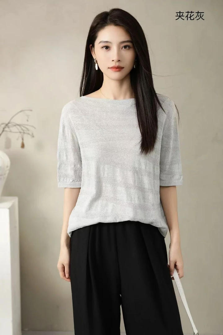 会呼吸丝凉爽~亚麻纱线T恤女短袖2025夏季新款百搭上衣2725