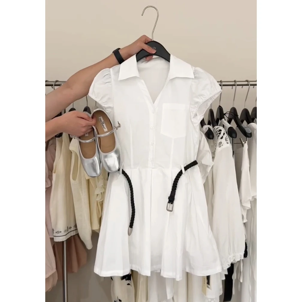 2025夏季新款简约百搭白色衬衫裙法式时尚小白裙泡泡袖显瘦连衣裙