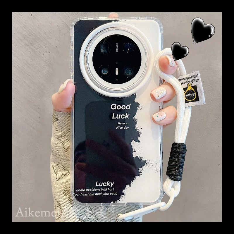 适用华为mate70pro+手机壳黑白撞色Mate60pro+英文海浪纹标签手绳