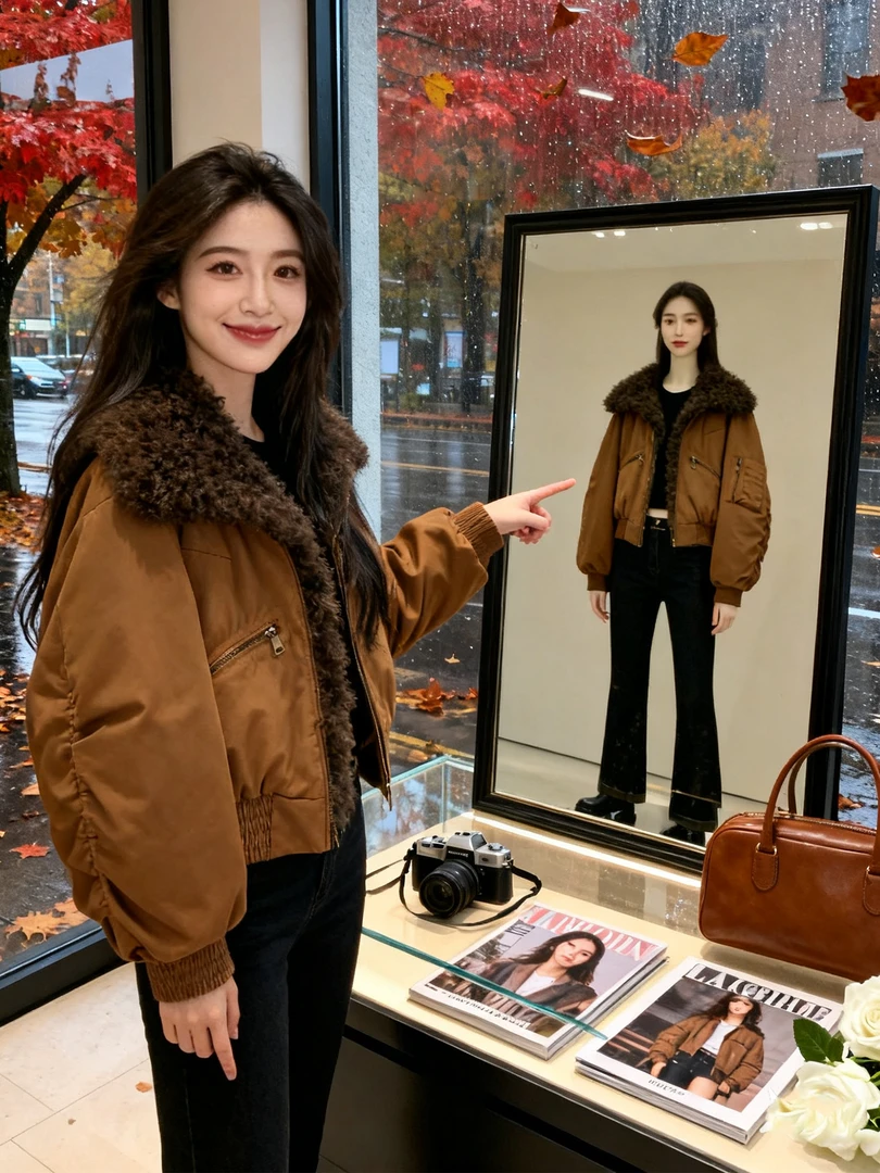 2025年新款复古甜飒风保暖时髦焦糖色毛绒领飞行夹克外套女高级感