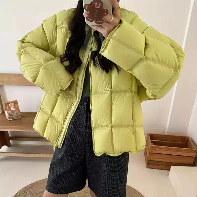 泡芙90白鸭绒羽绒服女短款2024冬季新款加厚云朵方格轻薄圆领外套