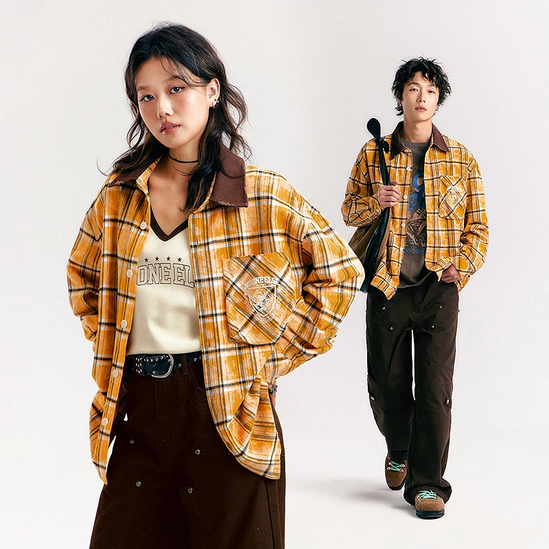 NO ONE ELSE美式复古女装男女秋季拼接宽松长袖衬衣格子翻领衬衫
