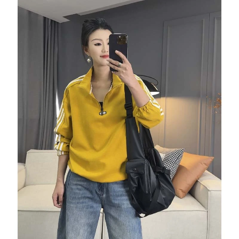 7559太谷休闲春秋百搭简约立领拼接织带拉链上衣