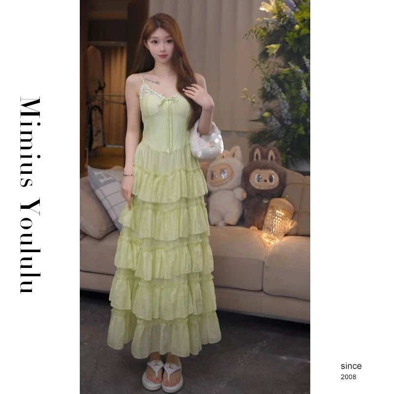 【mimius】七七 夏日青提 度假风收腰花边吊带蛋糕裙（含胸垫）G06102