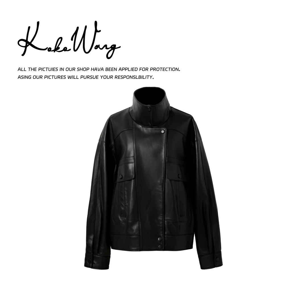 KOKOWANG秋冬时尚软糯清香羊皮机车口袋夹克皮衣外套560685F06W42