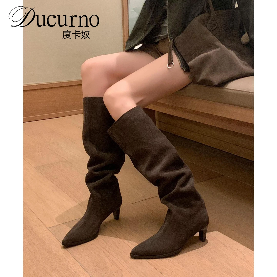 DUCURNO复古猫跟磨砂堆堆靴女显瘦宽筒长靴尖头细跟套筒西部靴子