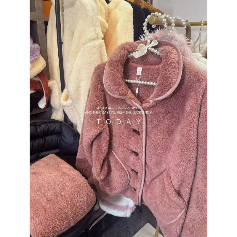 升级版加厚款女睡衣2025冬季加绒加厚翻领豆沙粉睡衣保暖家居服