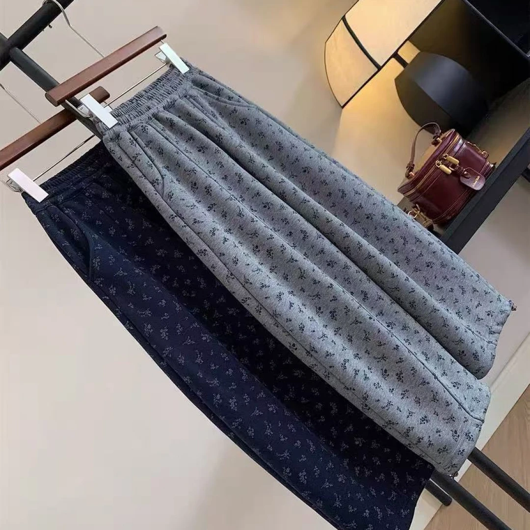 冬款女中大童装慵懒小众碎花一体绒加厚休闲裤宽松卫裤直筒阔腿裤