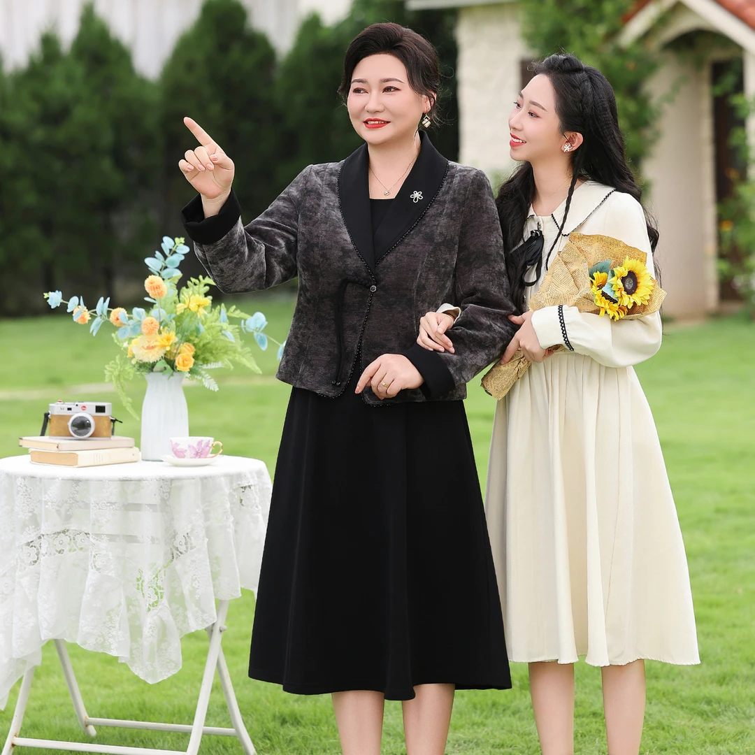 妈妈装高档气质时尚两件套洋气外套连衣裙中老年女装端庄大气套装