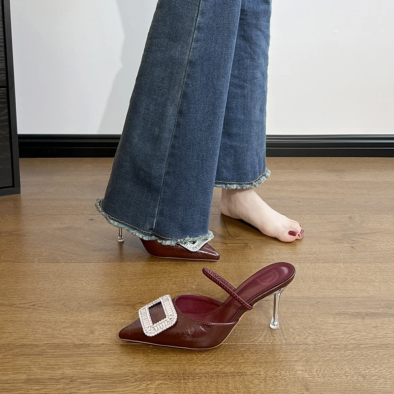 一脚蹬懒人半拖鞋女外穿高级感豹纹气质包头凉拖鞋真皮水钻高跟鞋