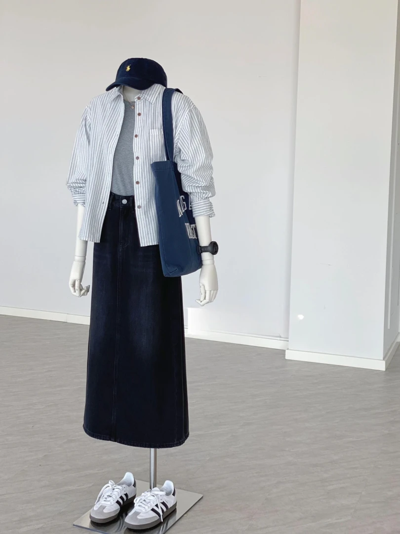 【小提琴家】清新文艺范儿条纹休闲翻领气质短款衬衫黑色半裙三件套