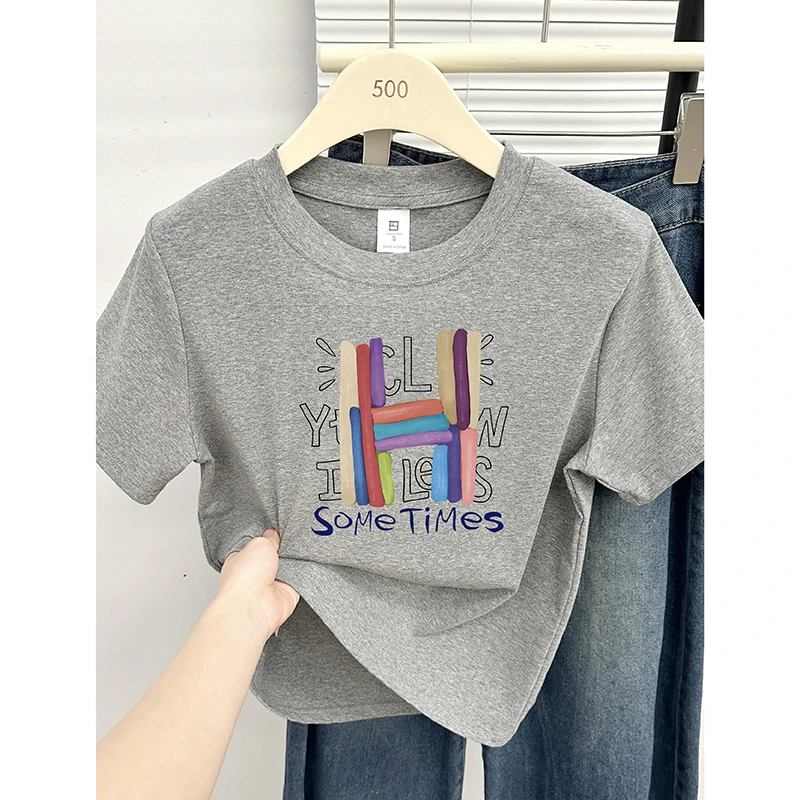 花灰色短袖t恤女夏季2025新款爆款洋气休闲字母印花百搭正肩上衣