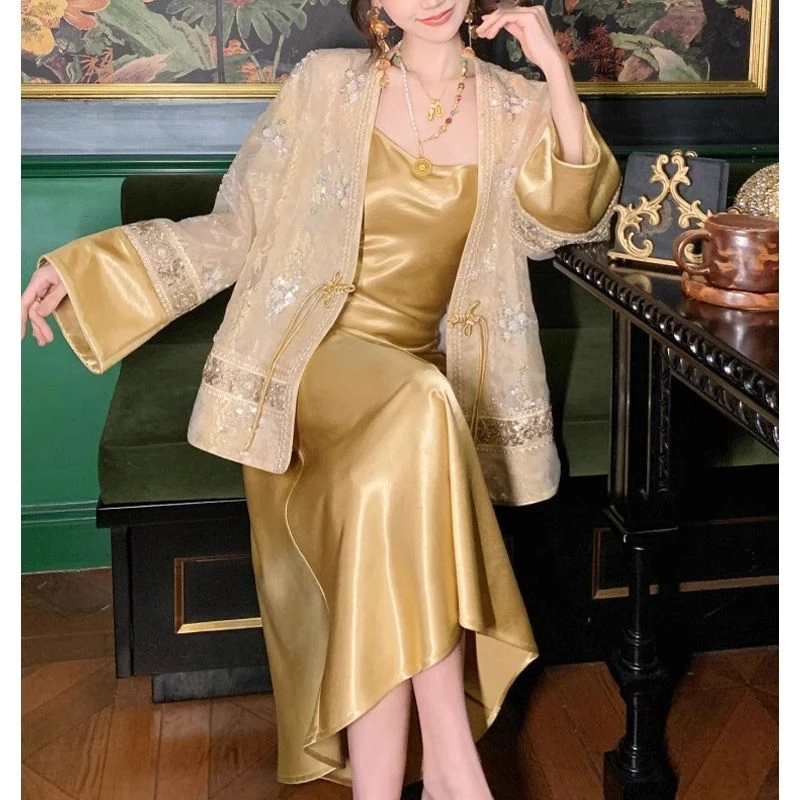 新中式两件套装气质刺绣古风提花短外套长袖女春季吊带连衣裙女