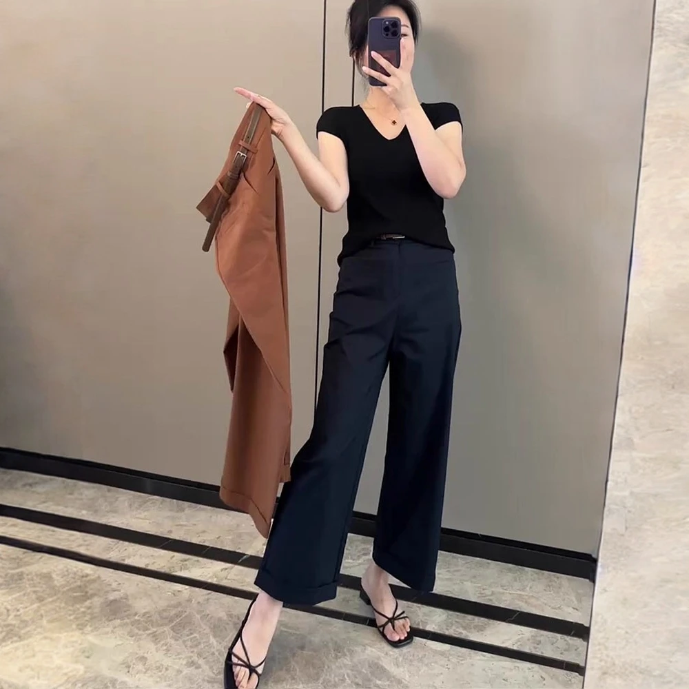 秋季新款大码简约风直筒高腰宽松休闲裤女梨形身材遮肉显瘦九分裤