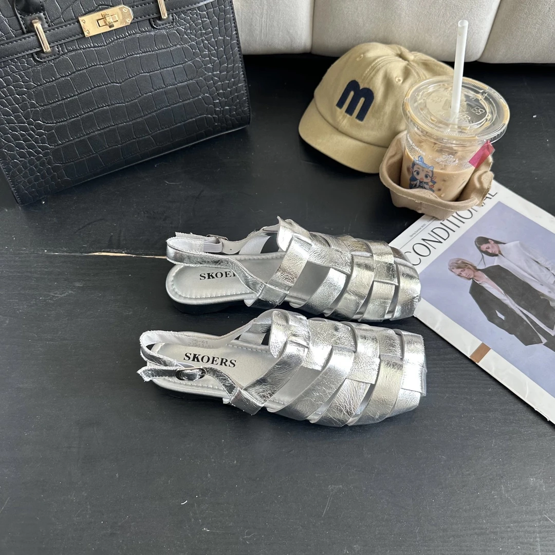 25-61罗马凉鞋露趾黑白圆头魔术贴棋盘格透气搭扣镂空包头