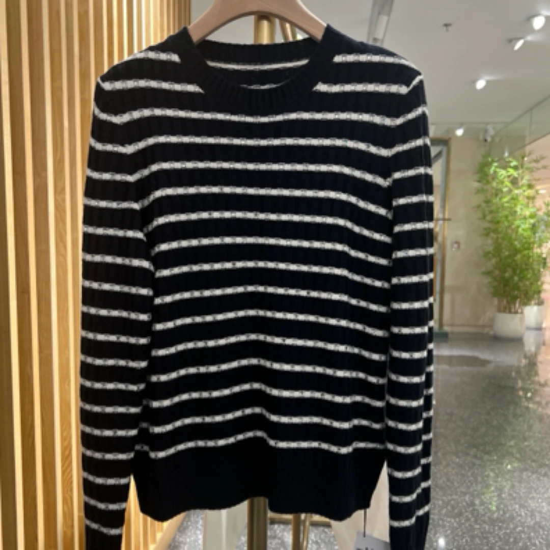 声雨竹7R705秋季新品撞色蓝白条纹衫休闲减龄圆领套装针织套头衫