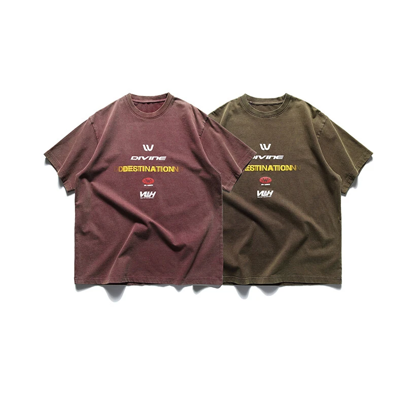 Y442夏季潮牌港风简约字母水洗复古做旧圆领短袖t恤