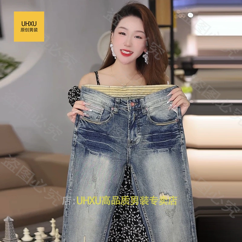 UHXU2025新款高端机车复古轻奢破洞牛仔裤男修身弹力直筒夏季长裤