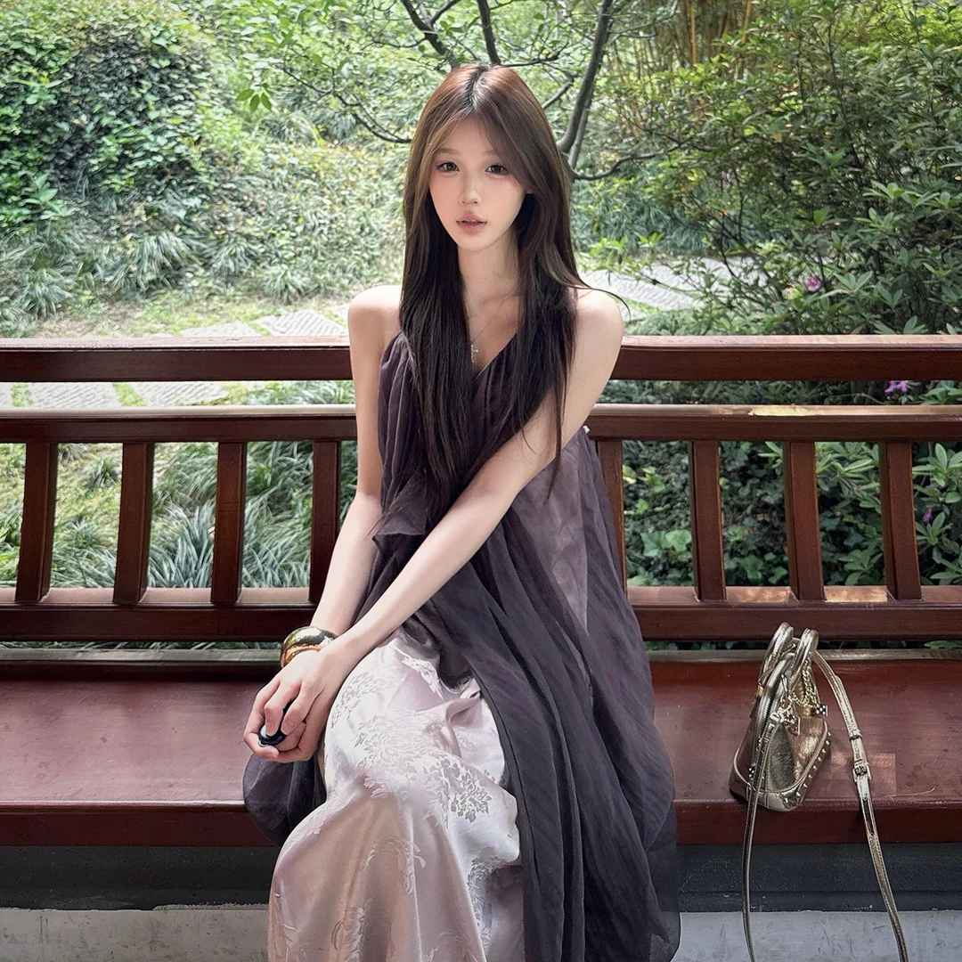 挂脖吊带薄纱连衣裙女夏季2025新款高级感度假清冷感禅意气质长裙