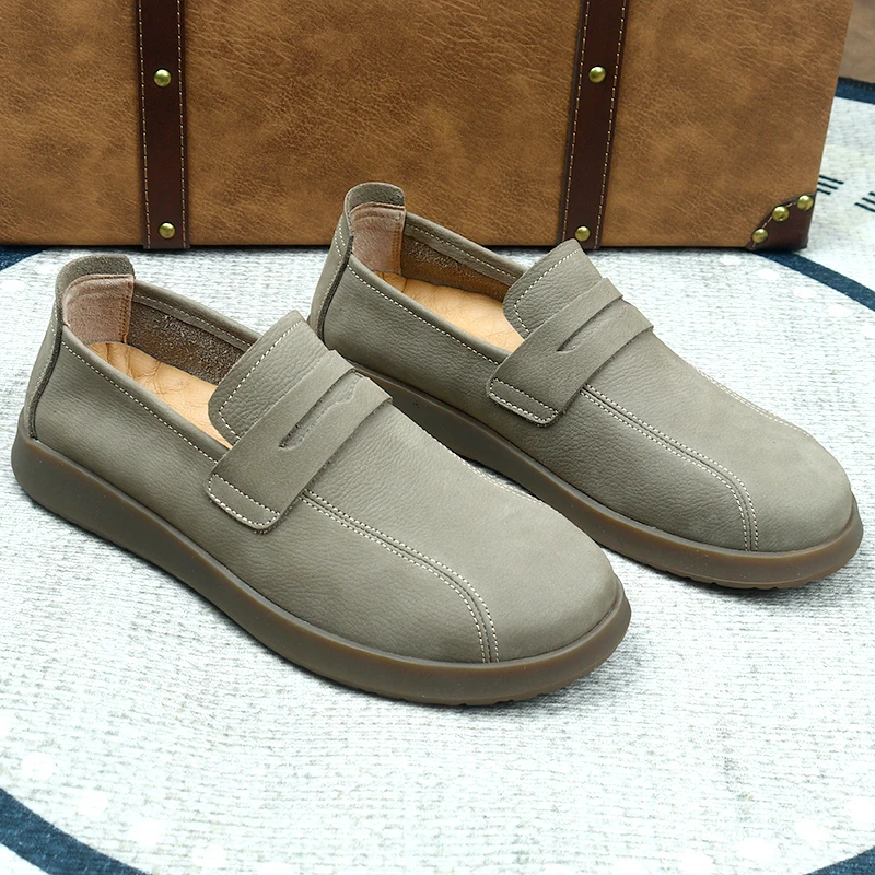 男士新款一脚蹬头层牛皮复古风休闲懒人鞋软皮软底防滑耐磨乐福鞋