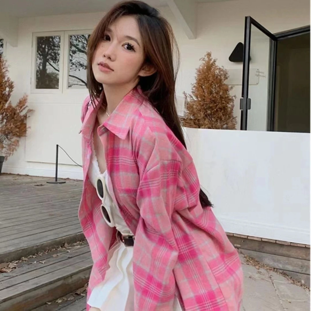 粉色格子衬衫女2025新款秋冬小个子穿搭初秋内搭长袖上衣衬衣外套