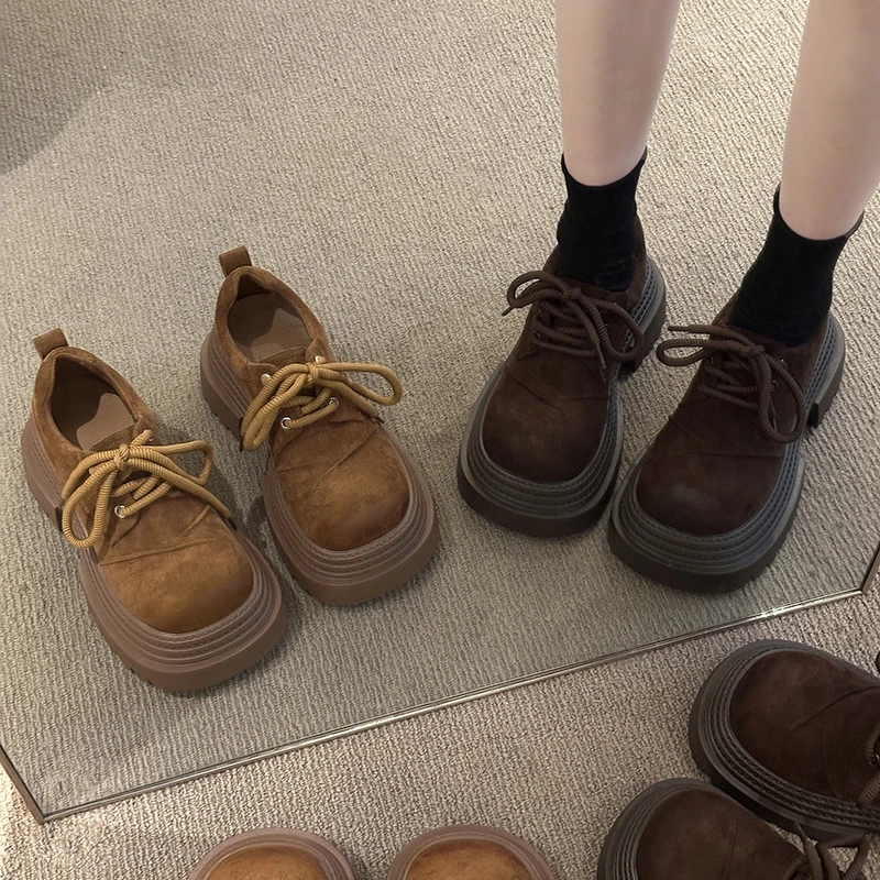 乐福鞋女2025秋冬新款复古英伦风大头鞋百搭系带时尚潮厚底单鞋