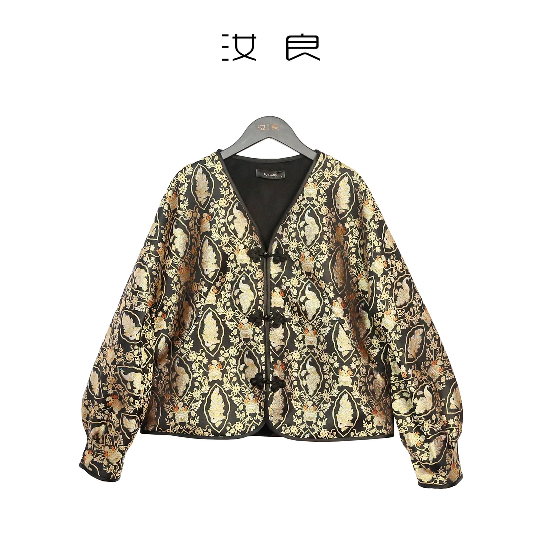 宋锦V领开襟花扣短外套