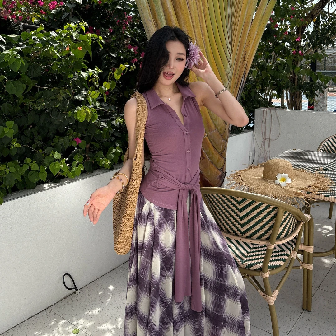 【YYUANZI】辣妹无袖背心绑带设计款修身显瘦上衣 3276