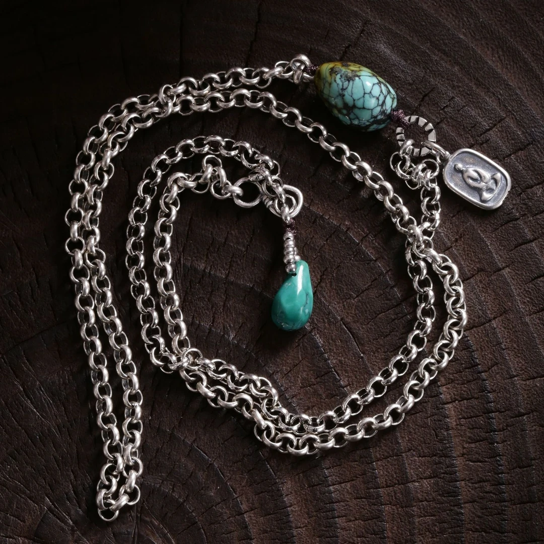 N18027<非晚>s925银水滴松石（大小不一）藏式无相佛吊坠项链