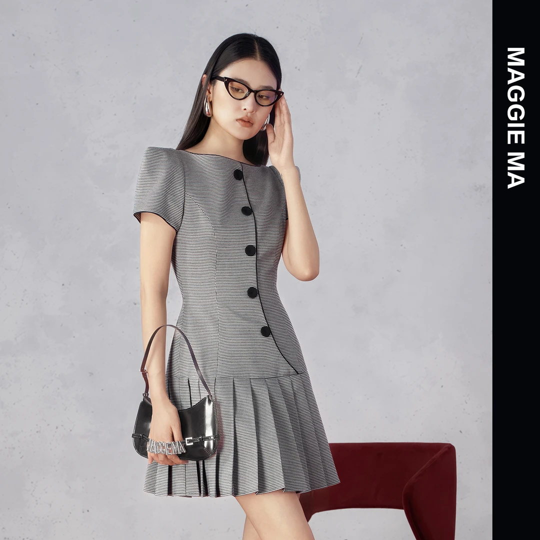 MAGGIE MA马婧设计师款黑白经典复古风千鸟格连衣裙348D