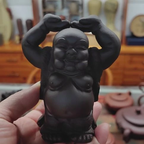 紫砂茶宠顶天立地人物摆件10cm左右手工制作  紫泥