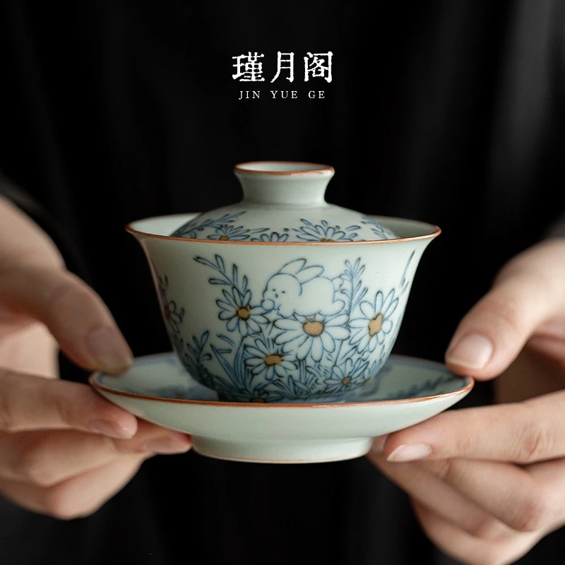 复古釉下青花萌兔三才泡茶碗防烫陶瓷茶碗高档个人专用茶具盖碗
