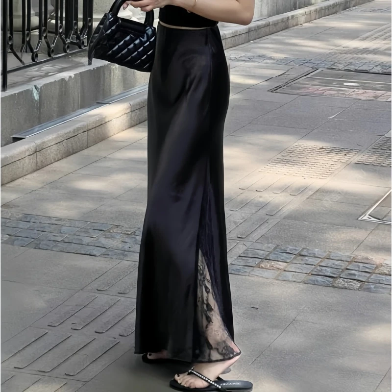 法式缎面拼接蕾丝半身裙女2025夏季新款高级感气质百搭通勤长裙子
